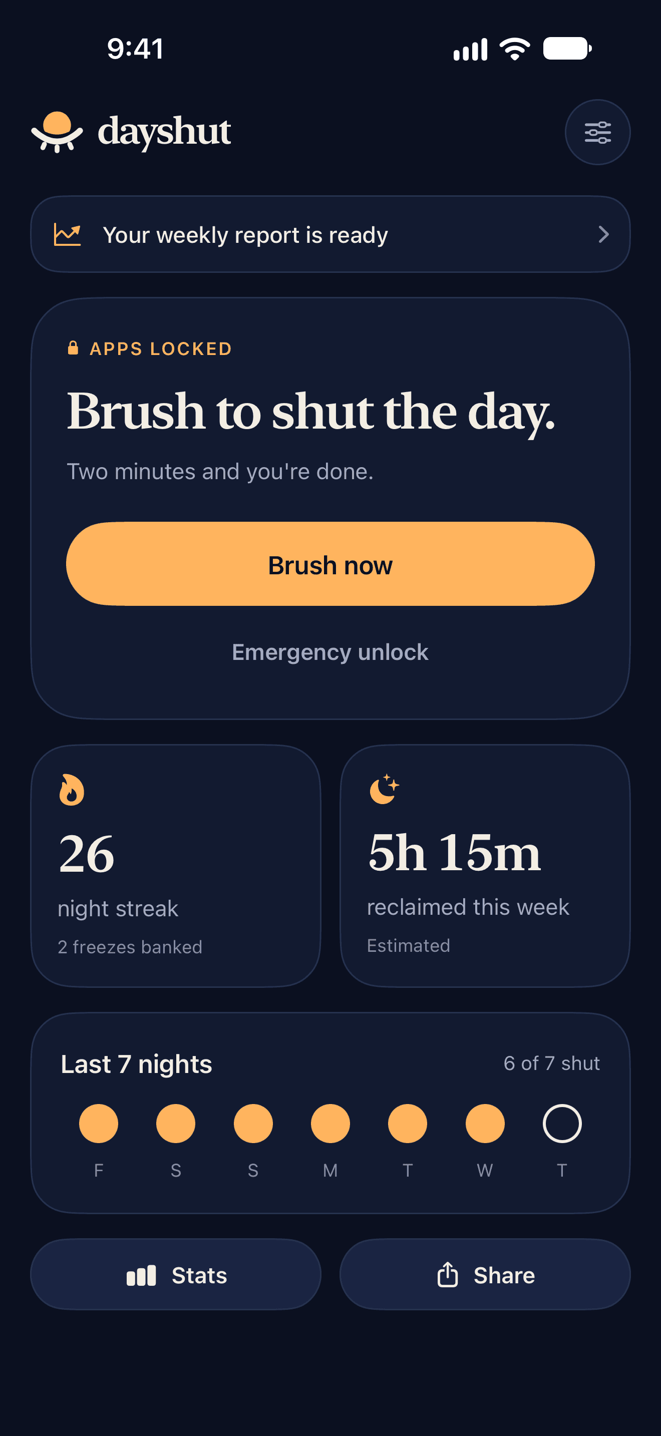 Dayshut at bedtime: apps locked, a 26-night streak and a Brush now button
